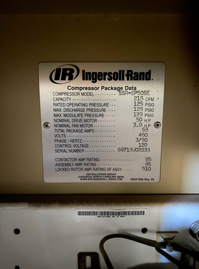 50 HP INGERSOL RAND Screw Compressor